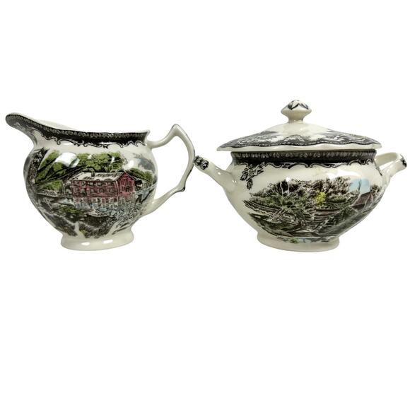 Johnson Bros Friendly Village England Vintage Creamer & Sugar Bowl w/Lid - Picture 1 of 11